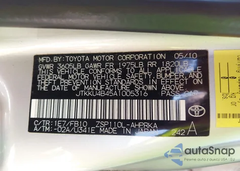 2010 Scion Xd z USA, uszkodzony, nr VIN JTKKU4B45A1005316